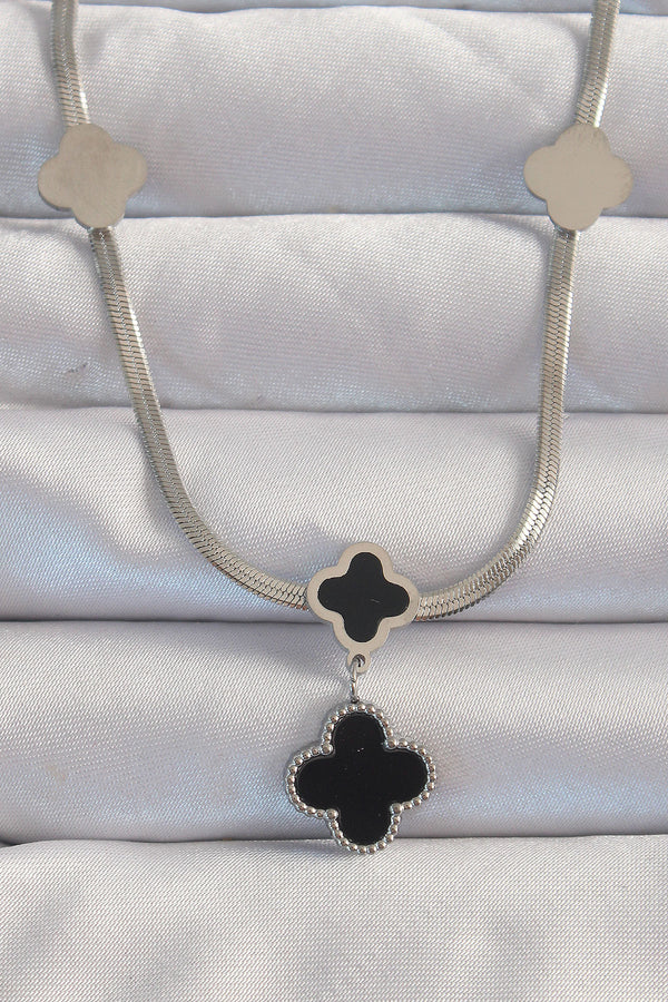 BKO8970 - 316L Çelik Gümüş Renk İtalyan Zincirli Mineli Yonca Kolye