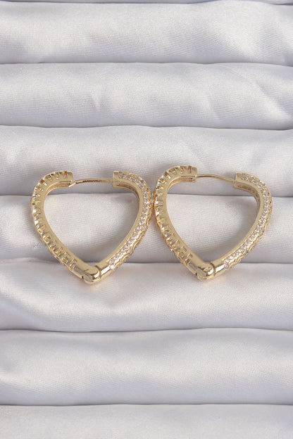 BKP9285 - Pirinç Gold Renk Zirkon Taşlı Motifli Kalp Küpe