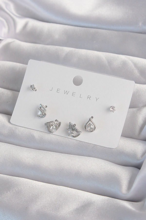 BKP9320 - Pirinç Gümüş Renk Zirkon Taşlı Damla Model Küpe Seti