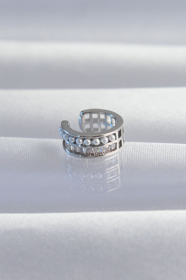 BKP9338 - Pirinç Gümüş Renk İncili Baget Taşlı Earcuff Küpe