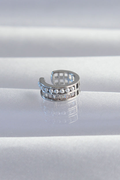 Pirinç Gümüş Renk İncili Baget Taşlı Earcuff Küpe - BKP9338