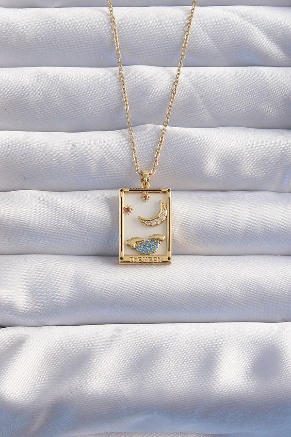 BKO8980 - 316L Çelik Zincir Gold Renk Ay Detay Mavi Zirkon Taşlı Tarot Kolye