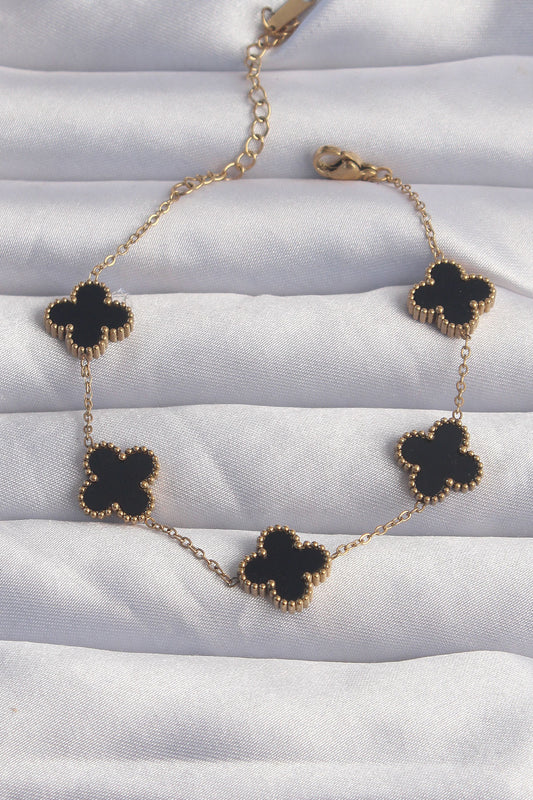 BB6258 - 316L Çelik Gold Renk Siyah Mineli Yonca Bileklik