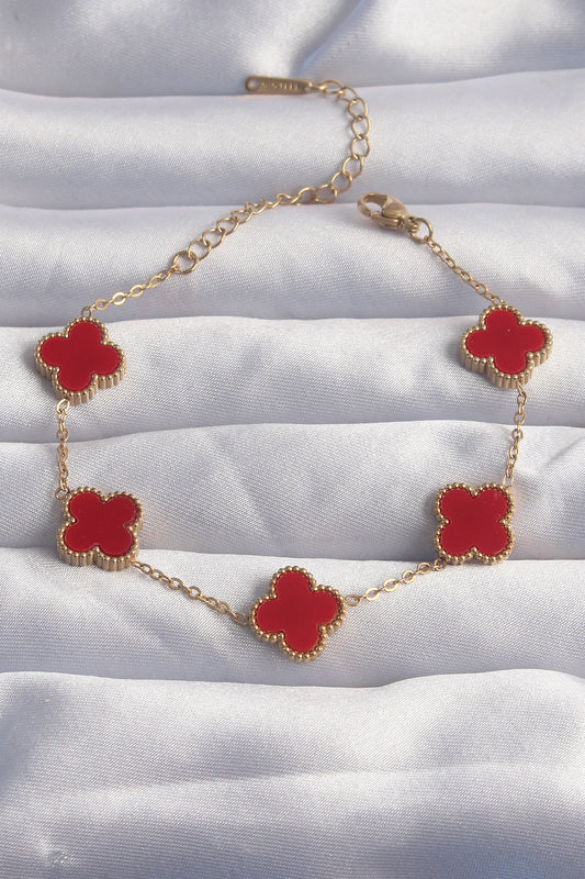 BB6264 - 316L Çelik Gold Renk Kırmızı Mineli Yonca Bileklik