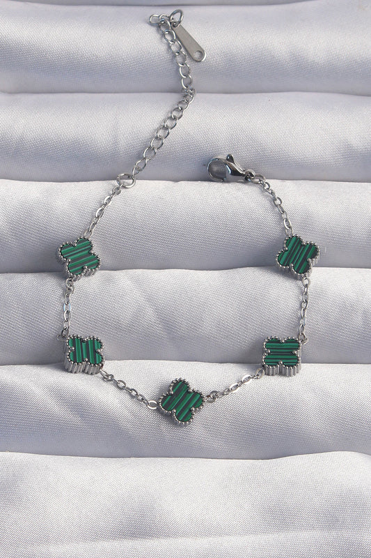 BB6270 - 316L Çelik Baby Boy Gümüş Renk Çizgili Yeşil Mineli Yonca Bileklik
