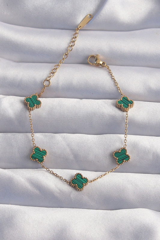 BB6271 - 316L Çelik Baby Boy Gold Renk Çizgili Yeşil Mineli Yonca Bileklik