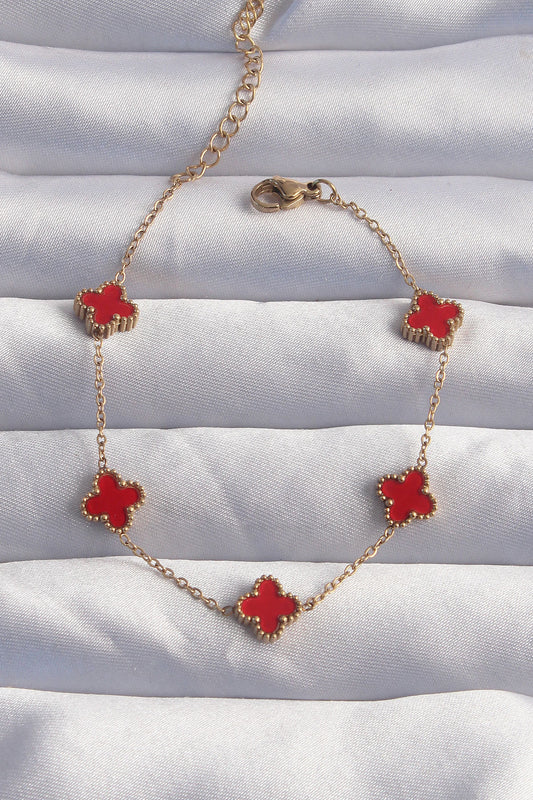 BB6274 - 316L Çelik Baby Boy Gold Renk Kırmızı Mineli Yonca Bileklik