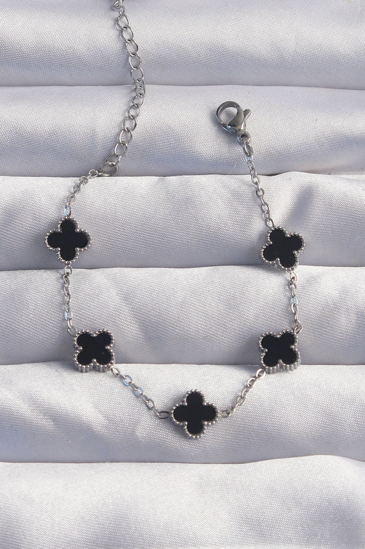 BB6275 - 316L Çelik Baby Boy Gümüş Renk Siyah Mineli Yonca Bileklik