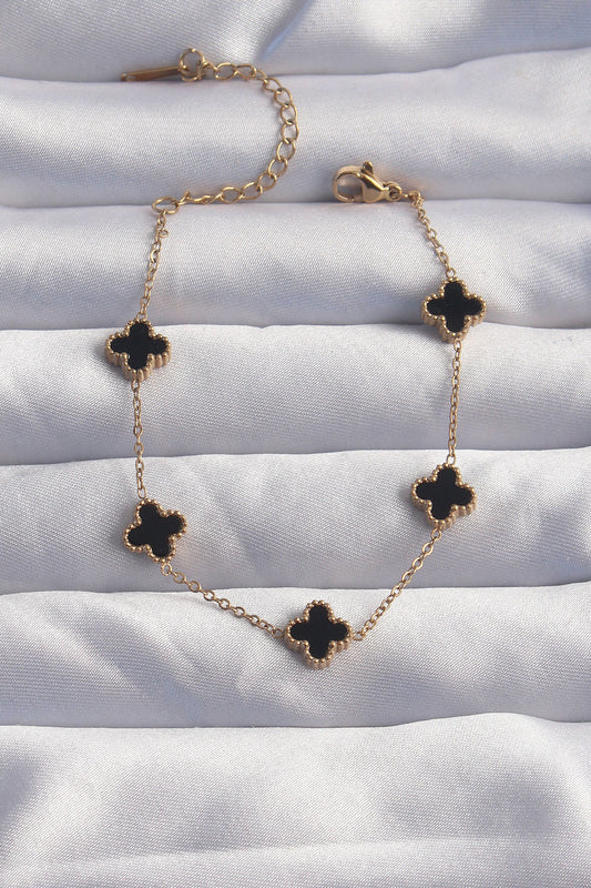 316L Çelik Baby Boy Gold Renk Siyah Mineli Yonca Bileklik - BB6276