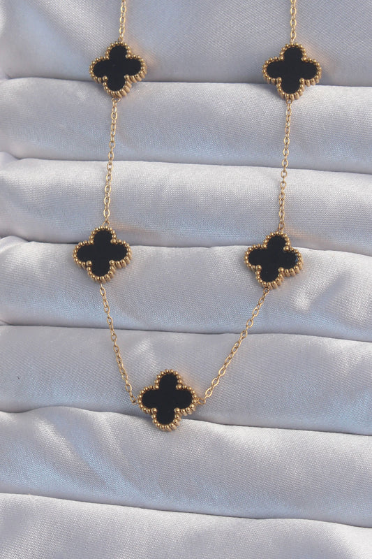 BKO8998 - 316L Çelik Gold Renk Siyah Mineli Yonca Kolye