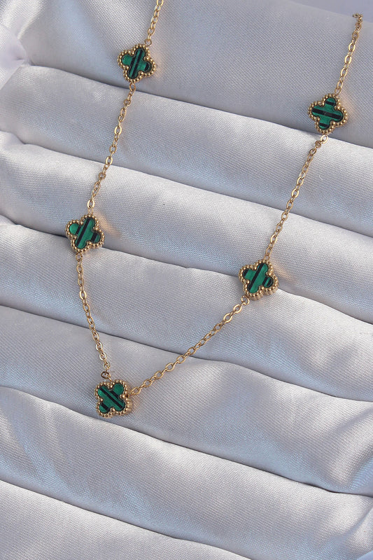 BKO9000 - 316L Çelik Gold Renk Minimal Yeşil Mineli Yonca Kolye