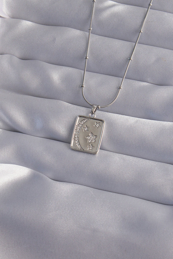 BKO9022 - 316L Çelik Zincir Gümüş Renk Zirkon Taşlı Ay Yıldız Figürlü Tarot Kolye