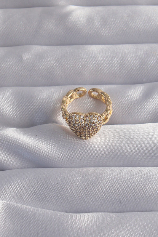 BYK3281 - Pirinç Ayarlamalı Gold Renk Zirkon Taşlı Bombeli Kalp Yüzük