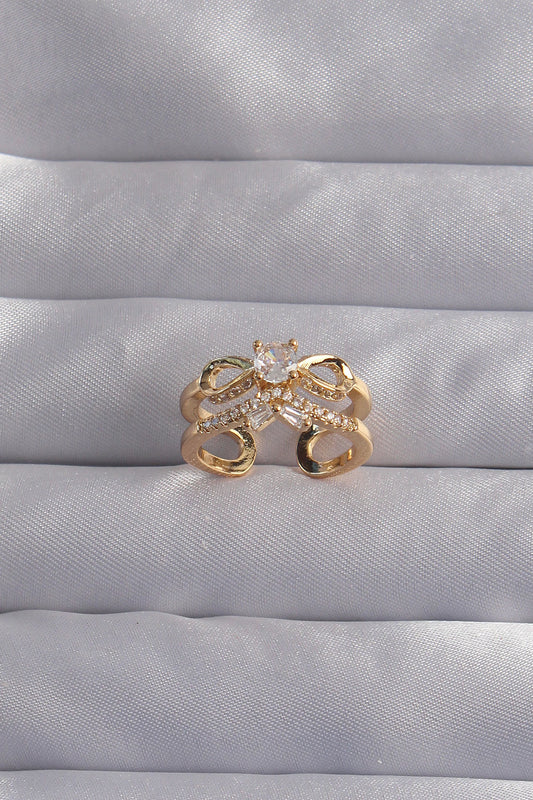 BYK3287 - Pirinç Ayarlamalı Gold Renk Zirkon Taşlı 2li Görünüm Fiyonk Yüzük