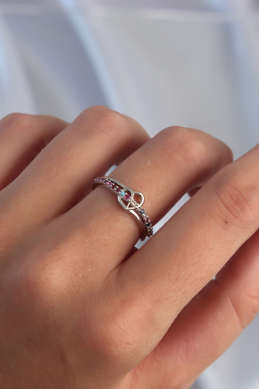 BYK3270 - Pirinç Gümüş Renk Renkli Zirkon Taşlı Ayarlamalı Yüzük