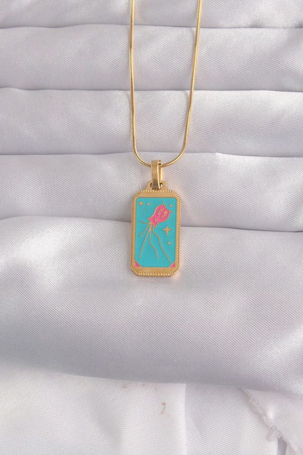 BKO9030 - 316L Çelik Gold Renk Mavi Mineli Tarot Kolye