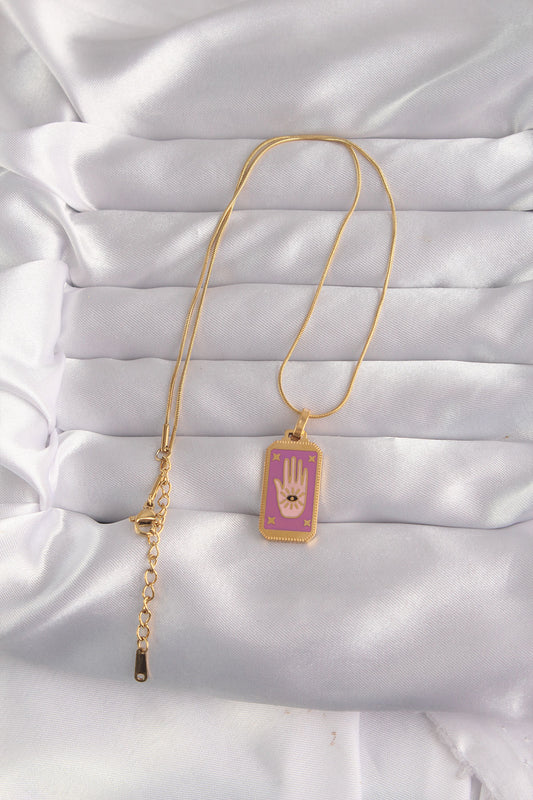 BKO9034 - 316L Çelik Gold Renk Mor Mineli El Figür Tarot Kolye