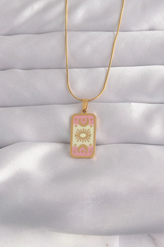 BKO9036 - 316L Çelik Gold Renk Karışık Mineli Ay Figür Tarot Kolye