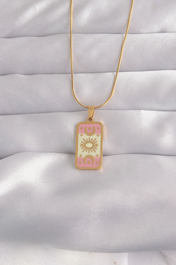 BKO9036 - 316L Çelik Gold Renk Karışık Mineli Ay Figür Tarot Kolye