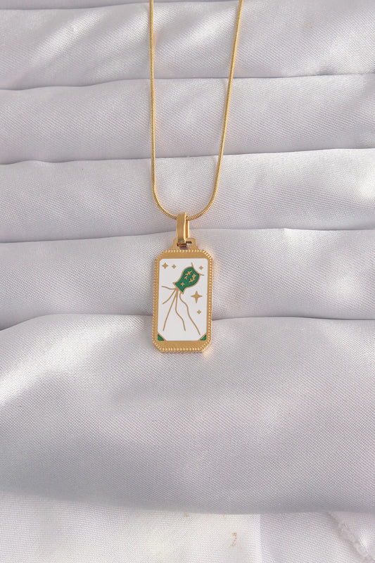 316L Çelik Gold Renk Beyaz Mineli Tarot Kolye - BKO9039