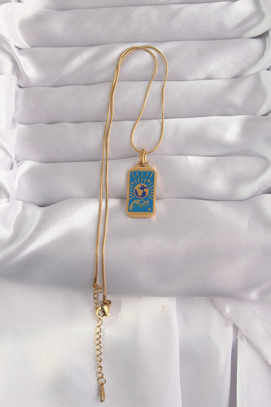BKO9040 - 316L Çelik Gold Renk Mavi Mineli El Figür Tarot Kolye