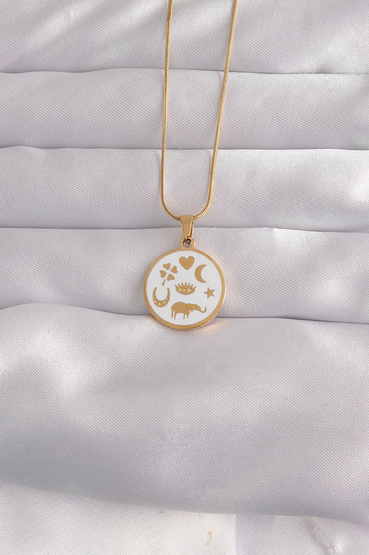 316L Çelik Gold Renk Beyaz Mineli Karışık Figürlü Tarot Kolye - BKO9041