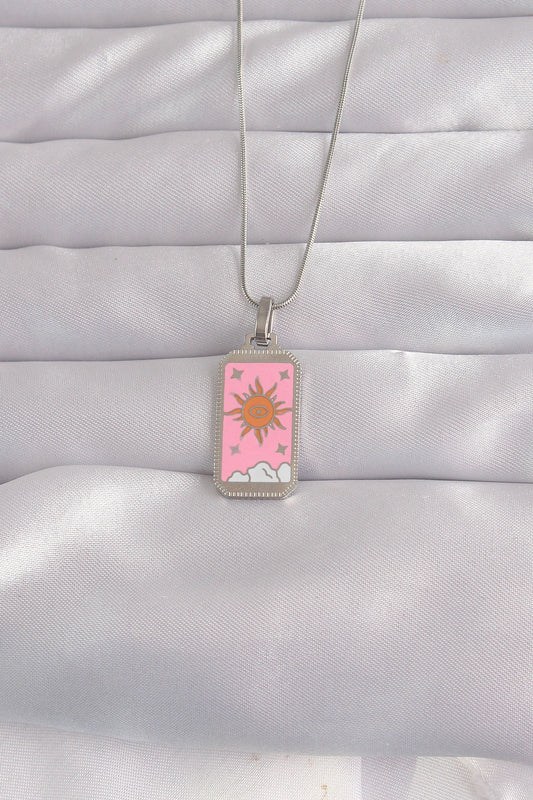 BKO9043 - 316L Çelik Gümüş Renk Pembe Mineli Güneş Model Tarot Kolye