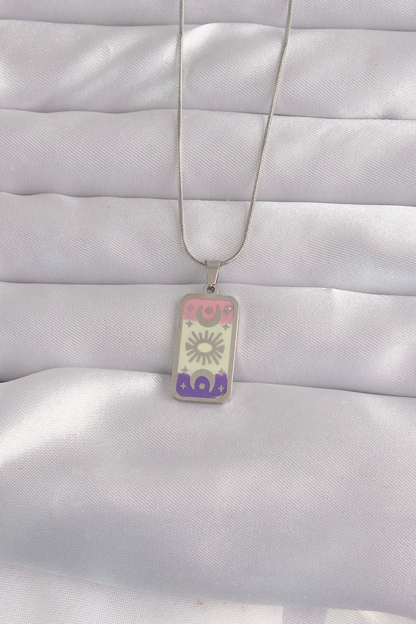 BKO9044 - 316L Çelik Gümüş Renk Karışık Mineli Ay Figür Tarot Kolye