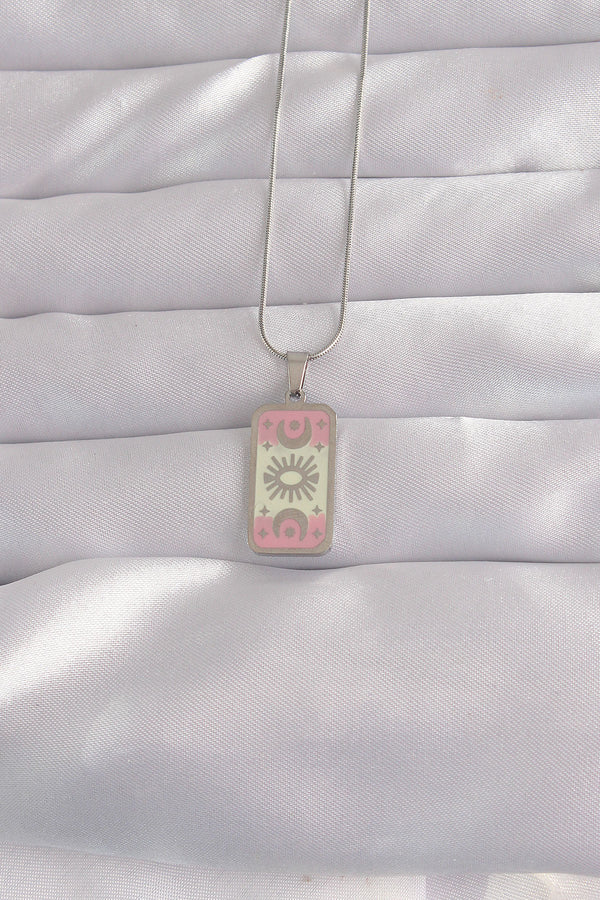 BKO9045 - 316L Çelik Gümüş Renk Pembe Mineli Ay Figür Tarot Kolye