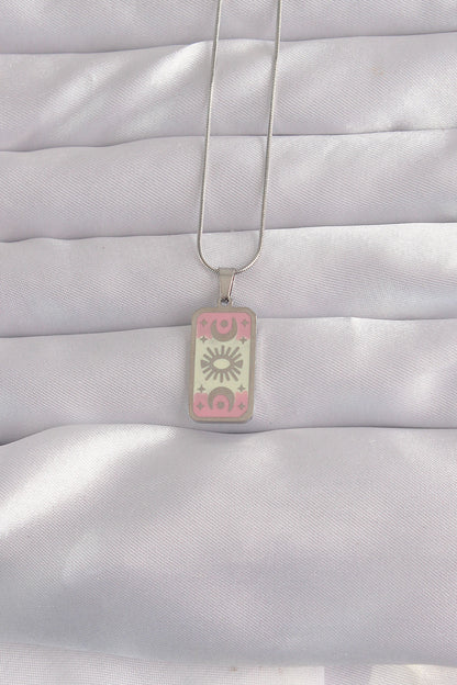 BKO9045 - 316L Çelik Gümüş Renk Pembe Mineli Ay Figür Tarot Kolye