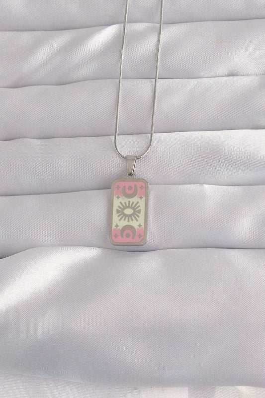 BKO9045 - 316L Çelik Gümüş Renk Pembe Mineli Ay Figür Tarot Kolye
