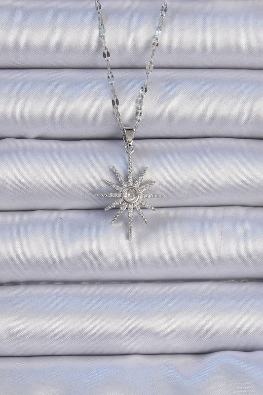 BKO9064 - 316L Çelik Zincir Gümüş Renk Zirkon Taşlı Kutup Yıldızı Kolye