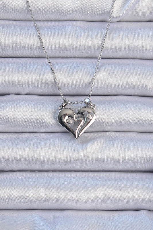 BKO9082 - 316L Çelik Zincir Gümüş Renk Zirkon Taşlı Mıknatıslı Kalp Kolye