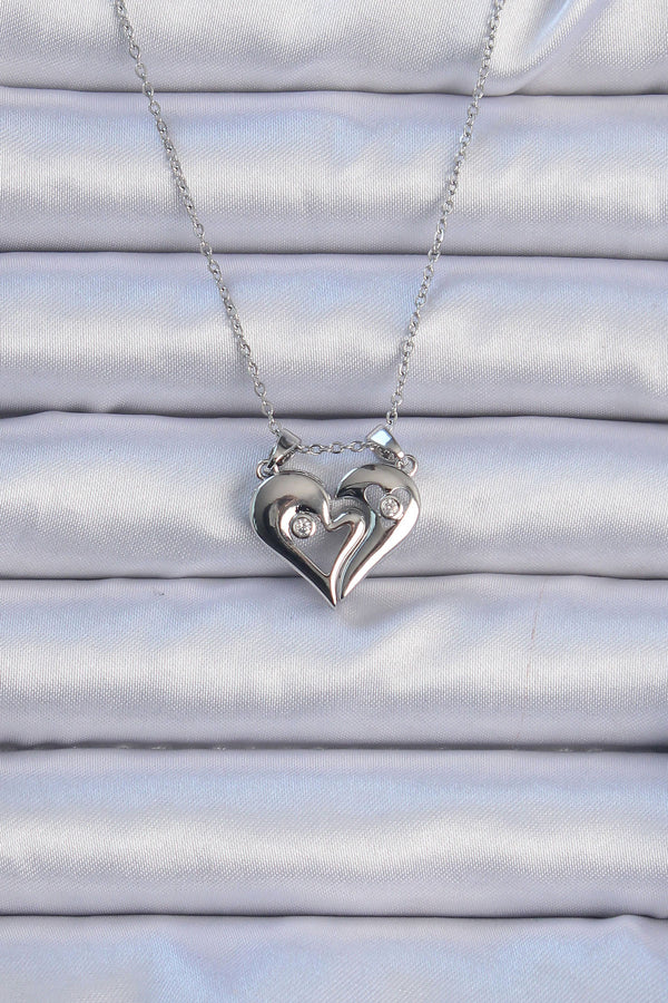 BKO9082 - 316L Çelik Zincir Gümüş Renk Zirkon Taşlı Mıknatıslı Kalp Kolye