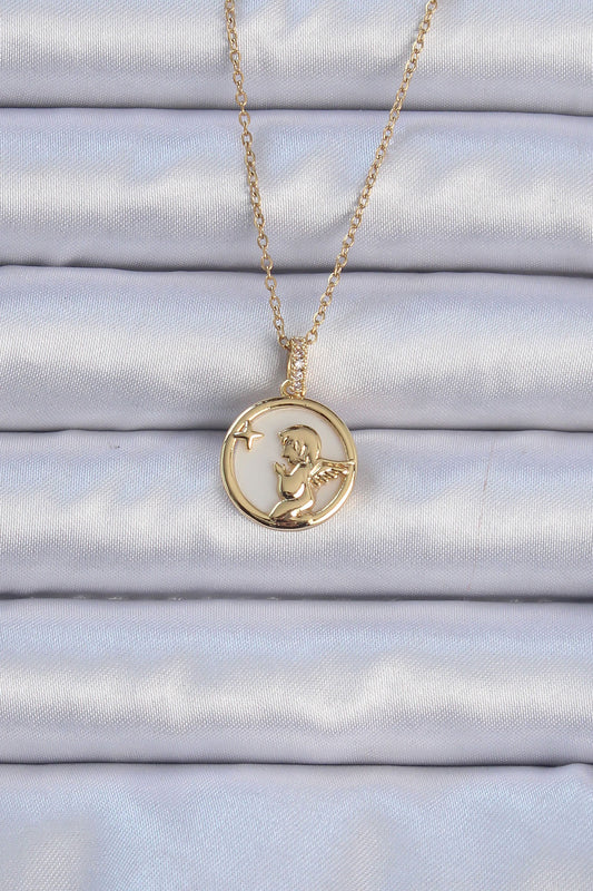 BKO9085 - 316L Çelik Zincir Altın Renk Zirkon Taşlı Mineli Melek Kolye