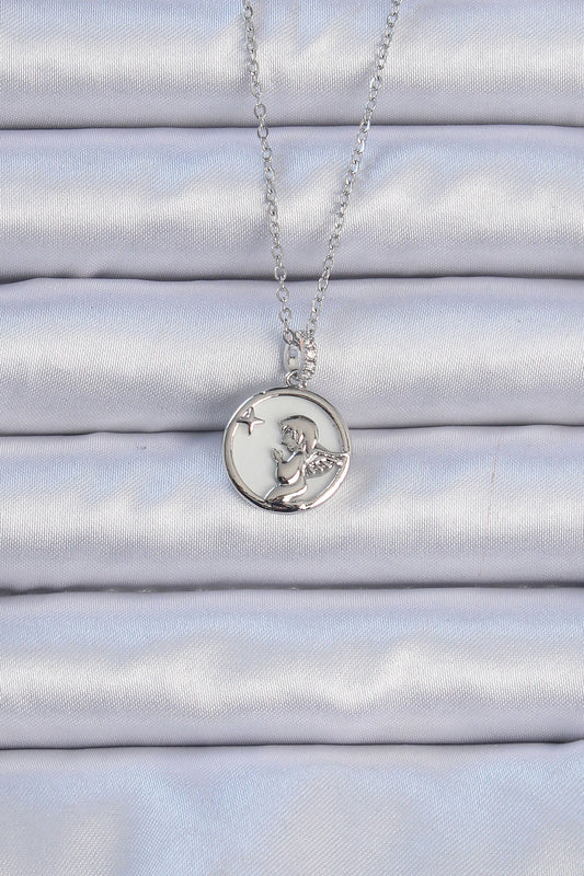 BKO9086 - 316L Çelik Zincir Gümüş Renk Zirkon Taşlı Mineli Melek Kolye