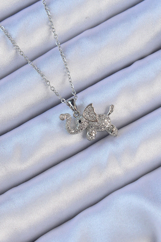 BKO9092 - 316L Çelik Zincir Gümüş Renk Zirkon Taşlı Fil Kolye