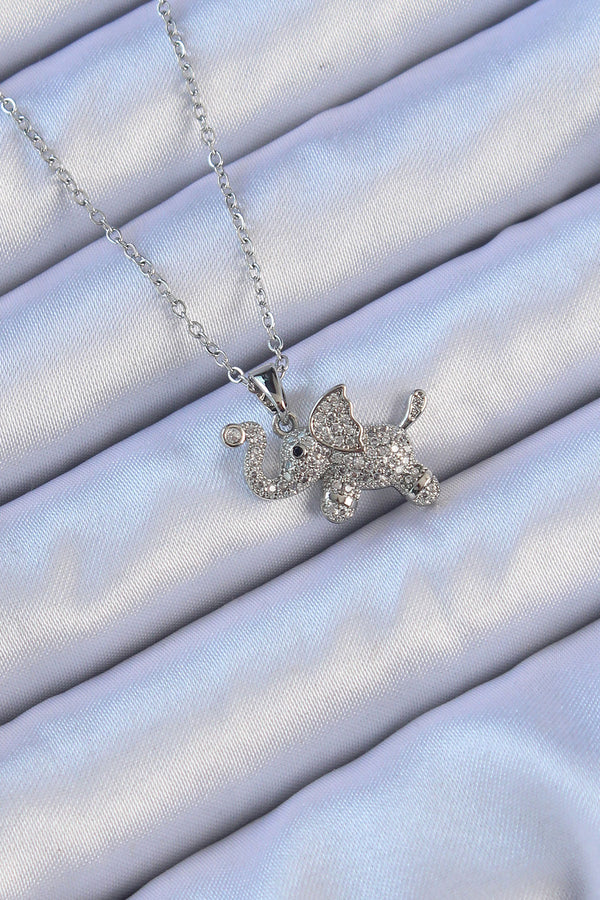 BKO9092 - 316L Çelik Zincir Gümüş Renk Zirkon Taşlı Fil Kolye