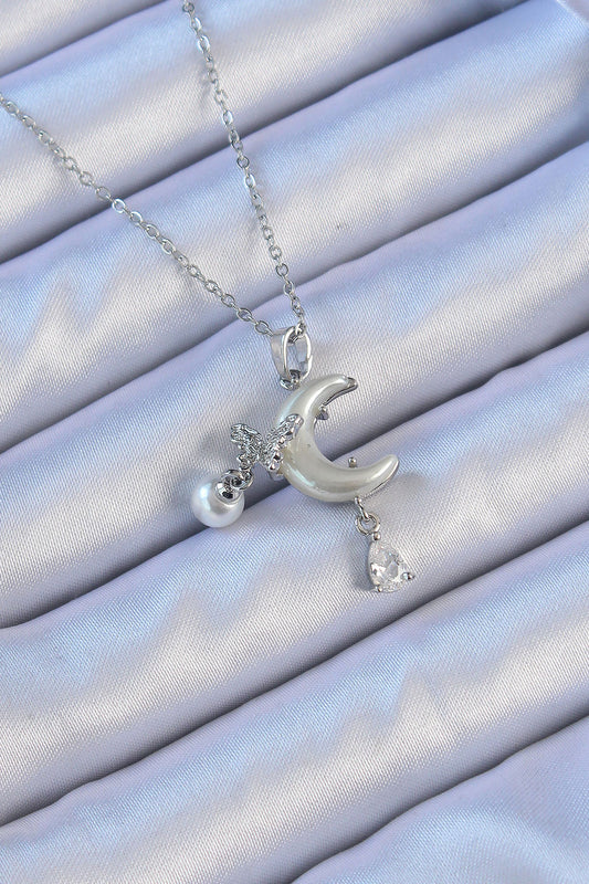 BKO9094 - 316L Çelik Zincir Gümüş Renk Zirkon Taşlı Kelebekli Mineli Ay Kolye