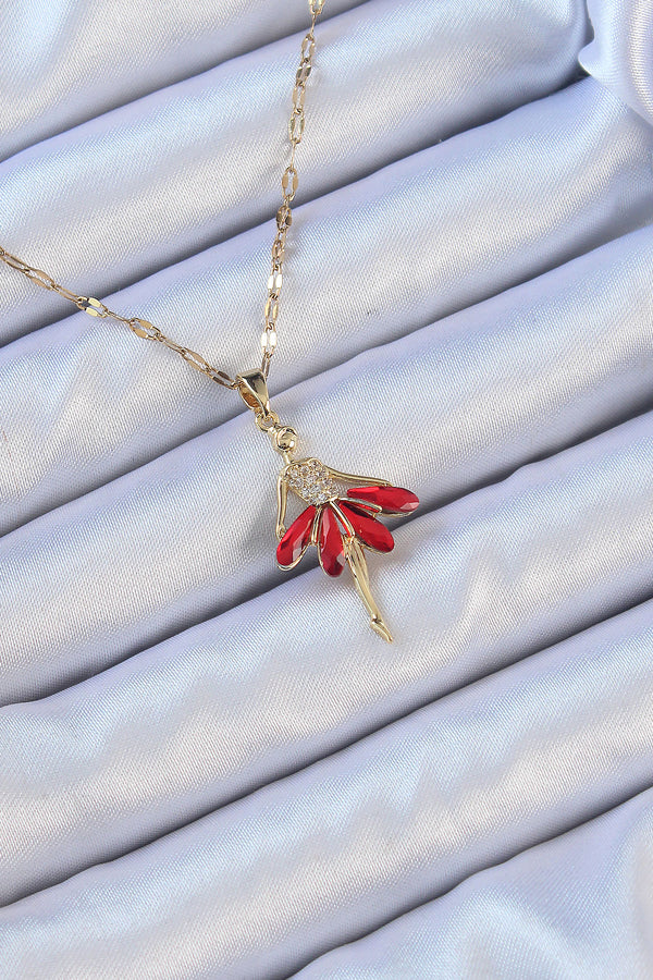 BKO9099 - 316L Çelik Zincir Altın Renk Kırmızı Etekli Zirkon Taşlı Balerin Kolye