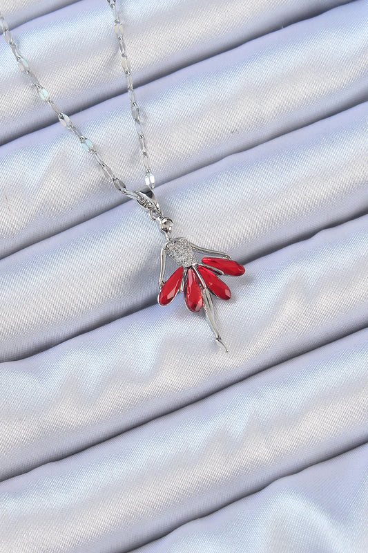 BKO9100 - 316L Çelik Zincir Gümüş Renk Kırmızı Etekli Zirkon Taşlı Balerin Kolye