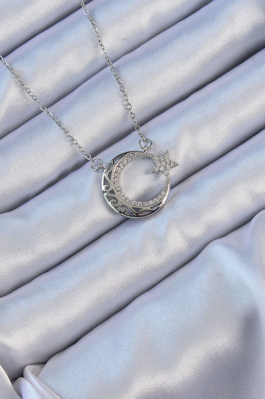 BKO9116 - 316L Çelik Zincir Gümüş Renk Zirkon Taşlı Motifli Ay Yıldız Kolye