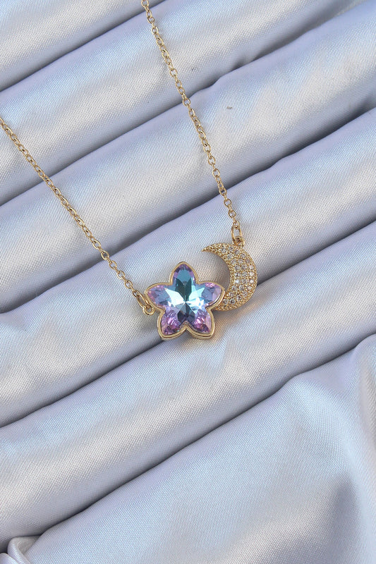 BKO9135 - 316L Çelik Zincir Altın Renk Ay Tasarımlı Renkli Zirkon Taşlı Çiçek Kolye