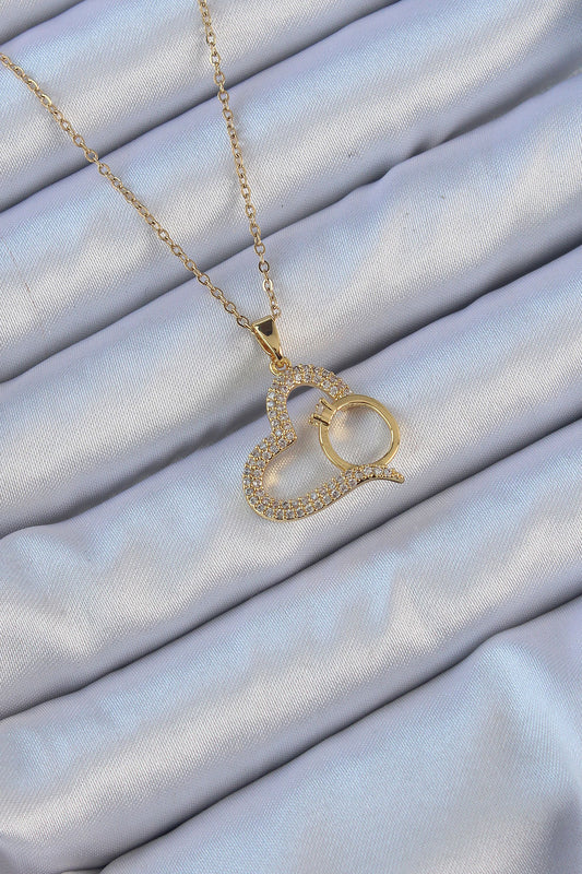 BKO9145 - 316L Çelik Zincir Altın Renk Zirkon Taşlı Yüzüklü Kalp Kolye