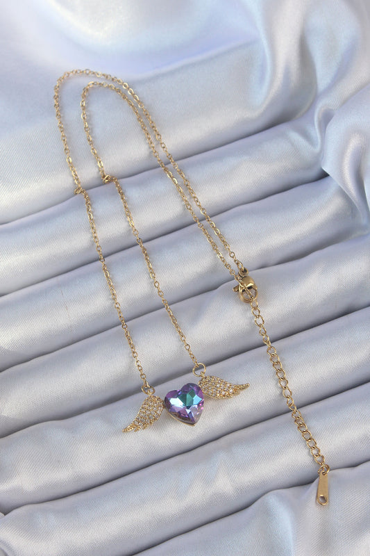BKO9161 - 316L Çelik Zincir Altın Renk Mavi Mor Zirkon Taşlı Kanatlı Kalp Kolye
