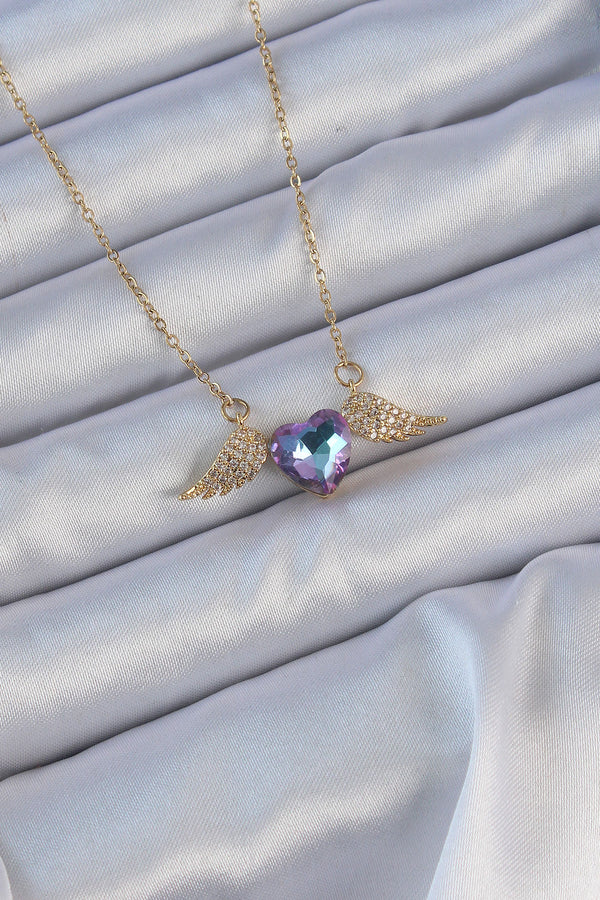 BKO9161 - 316L Çelik Zincir Altın Renk Mavi Mor Zirkon Taşlı Kanatlı Kalp Kolye