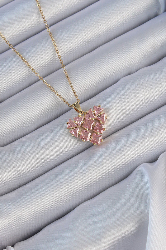 BKO9163 - 316L Çelik Zincir Altın Renk Pembe Parçalı Zirkon Taşlı Kalp Kolye