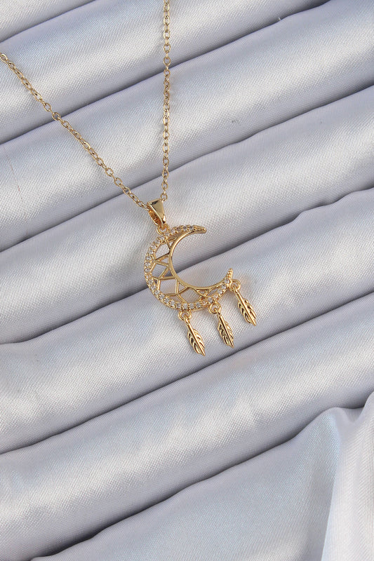 BKO9171 - 316L Çelik Zincir Altın Renk İşlemeli Zirkon Taşlı Ay Kolye