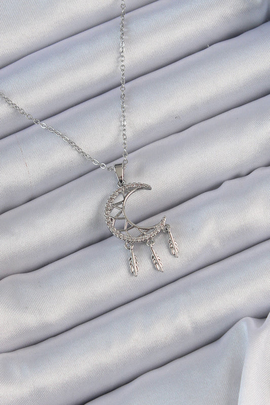 BKO9172 - 316L Çelik Zincir Gümüş Renk İşlemeli Zirkon Taşlı Ay Kolye