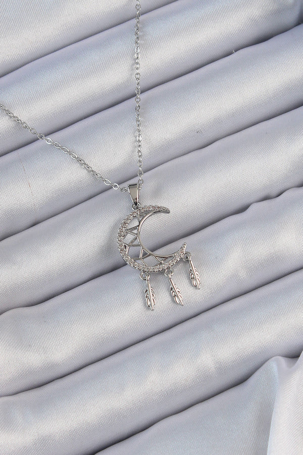 BKO9172 - 316L Çelik Zincir Gümüş Renk İşlemeli Zirkon Taşlı Ay Kolye